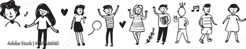 Hand drawn doodle illustration of happy people friends group doing activities together friendship concept black and white design element isolated on white background