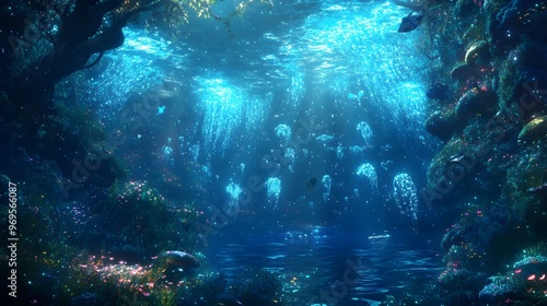 Fototapeta Naklejka Na Ścianę i Meble -  A magical under-the-sea world with bioluminescent plants, mysterious sea creatures, and glowing blue waters