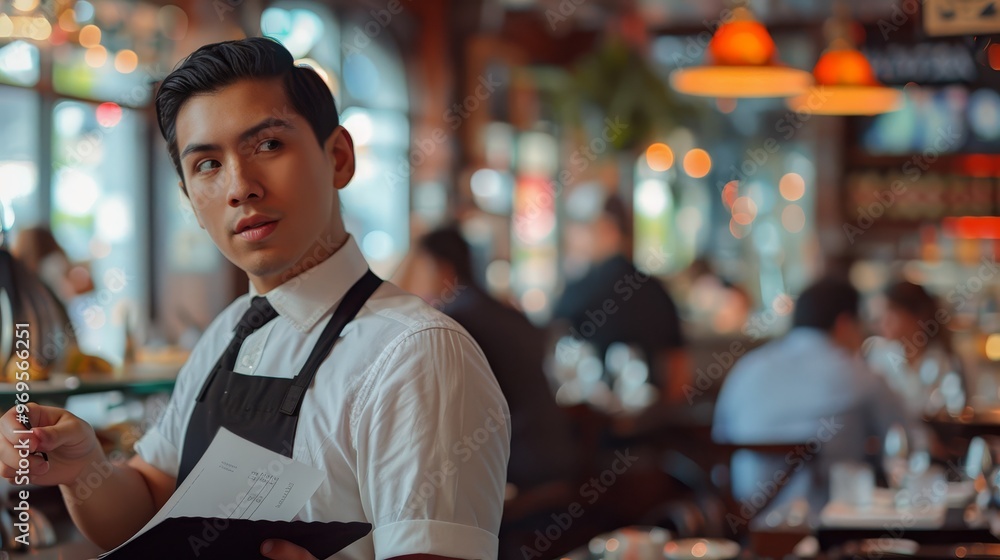 Fototapeta premium Waiter taking an order in a bustling restaurant, with customers dining in the background and warm ambient lighting enhancing the cozy atmosphere.
