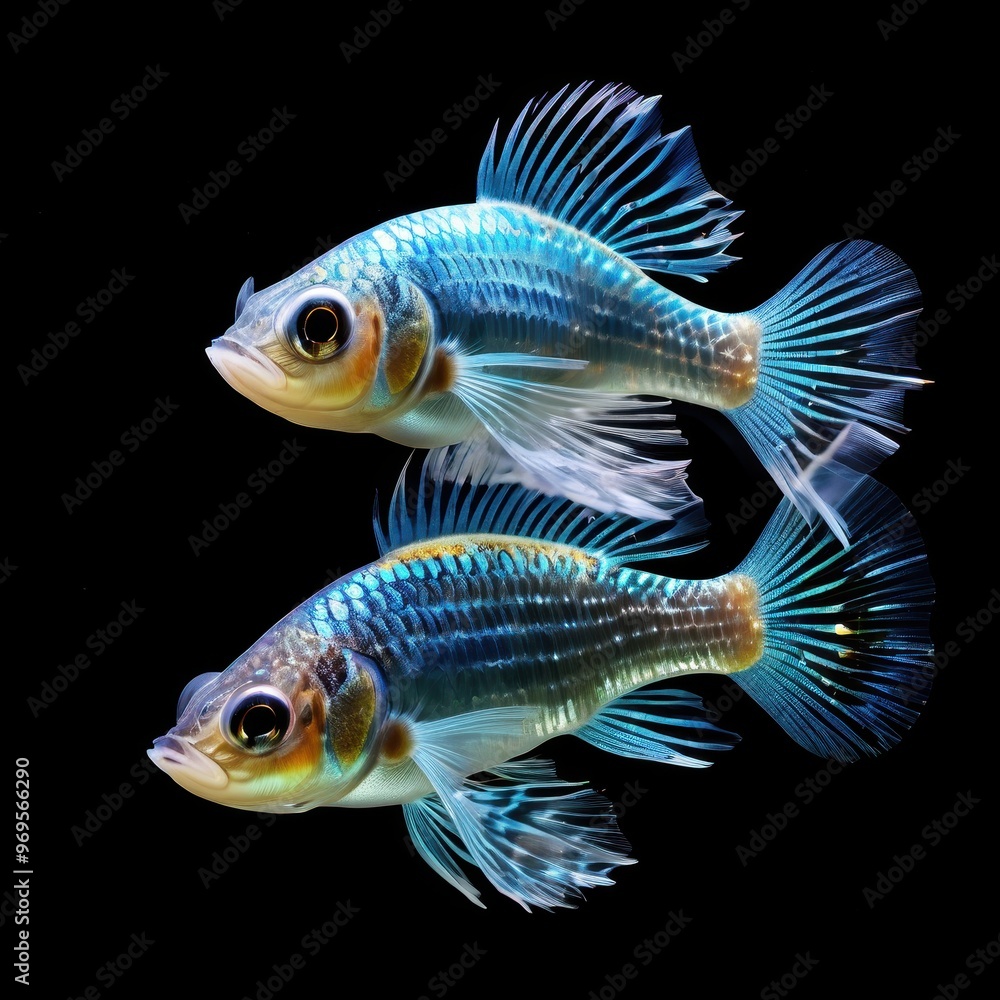 Fototapeta premium Two colorful fish swimming gracefully against a black background.