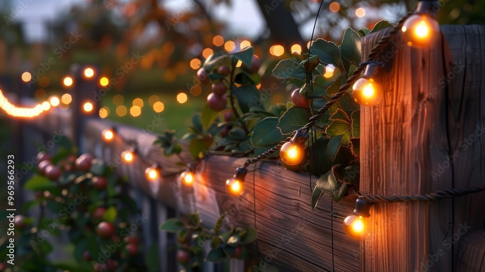 Warm glowing string lights illuminate a rustic wooden fence, creating a cozy outdoor ambiance during sunset. Warm glowing string lights illuminate a rustic wooden fence, creating a cozy outdoor ambiance during sunset.