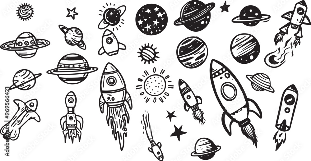 Set of hand drawn space rockets planets stars and spaceship doodle space objects illustration for kids astronomy galaxy exploration concept black and white clip art graphics for design element