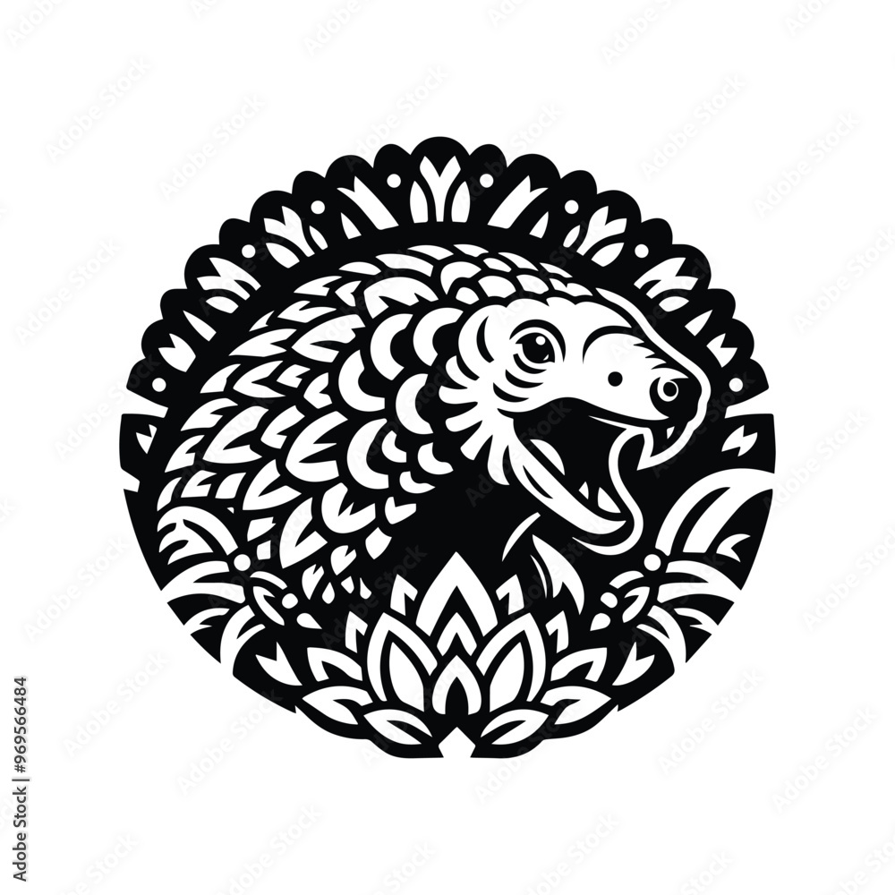Pangolin folk art black and white silhouette illustration - Pangolin folk art black and white silhouette illustration -