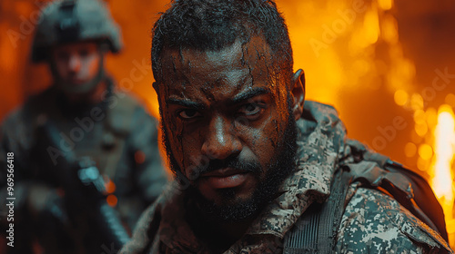 A determined Black soldier stares intensely ahead, covered in mud and sweat, amidst a firefight.