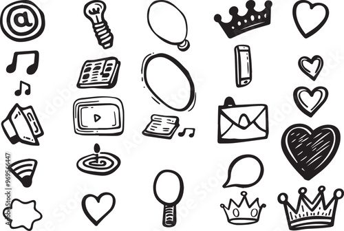 Hand drawn doodle icon set design elements symbols illustration collection social media marketing business technology music love like comment crown idea target mail star wifi online internet website