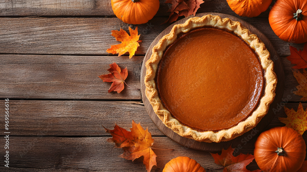 Golden pumpkin pie on rustic wooden table with autumn leaves. Warm and festive Thanksgiving scene with homemade crust. Golden pumpkin pie on rustic wooden table with autumn leaves. Warm and festive Thanksgiving scene with homemade crust.