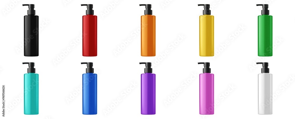 Set of colorful pump bottles with black pumps. Front view, ideal for soap or lotion. Isolated on white background. Generative ai Set of colorful pump bottles with black pumps. Front view, ideal for soap or lotion. Isolated on white background. Generative ai