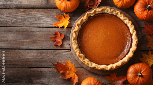 Golden pumpkin pie on rustic wooden table with autumn leaves. Warm and festive Thanksgiving scene with homemade crust.