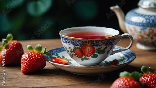 China cup with strawberry tea, surrounded by strawberries.