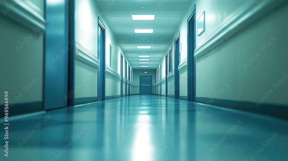 Empty hospital hallway with doors. Perfect for depicting healthcare, sterile environments, and uncertainty. Empty hospital hallway with doors. Perfect for depicting healthcare, sterile environments, and uncertainty.