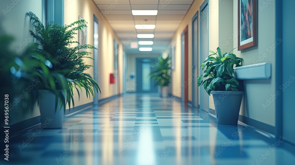 Obraz premium Empty hospital hallway with plants. Perfect for healthcare, medical, or hospital themes.