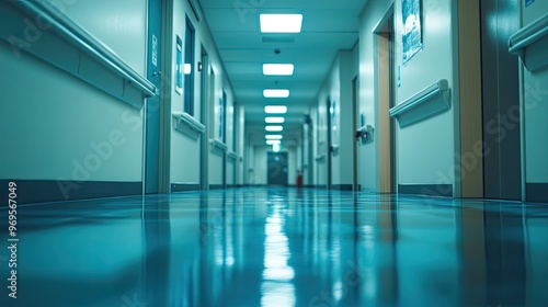 Empty hospital hallway with shiny floor. Perfect for medical, healthcare, or isolation themes.