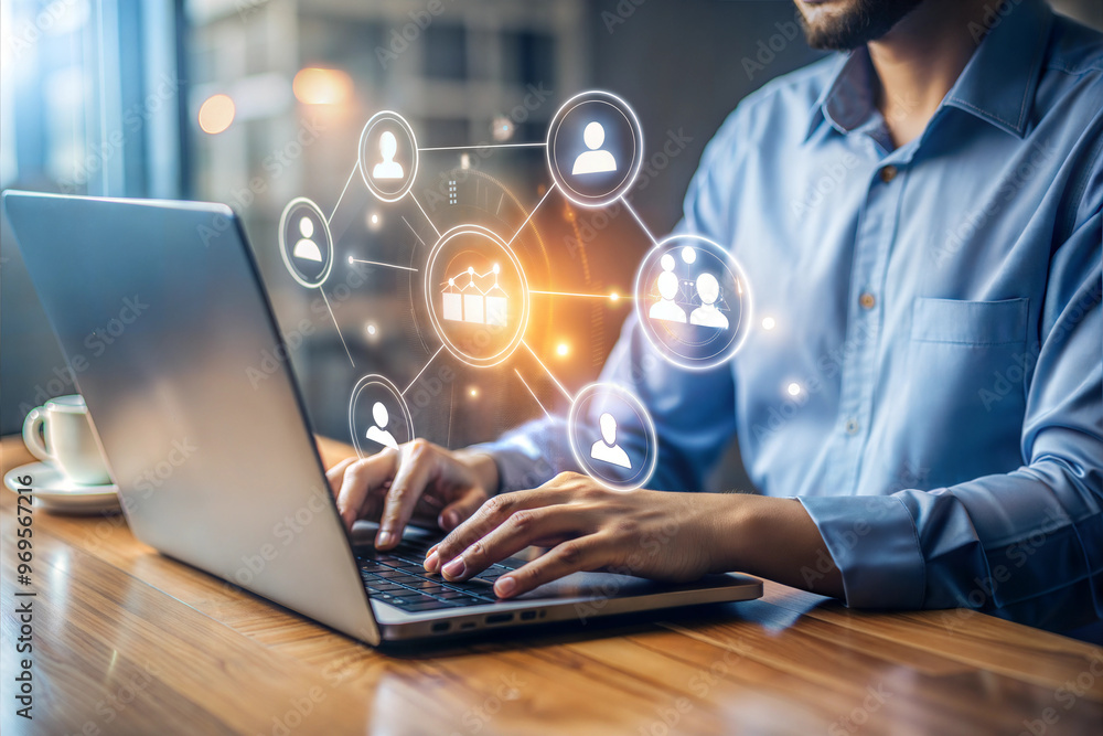 Person Using Laptop with Virtual Cost and Quality Icons to Improve Work Efficiency and Company Cost Reduction Person Using Laptop with Virtual Cost and Quality Icons to Improve Work Efficiency and Company Cost Reduction