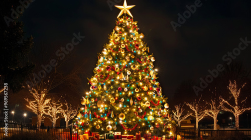 A large Christmas tree with many ornaments and a star on top. The tree is lit up and surrounded 