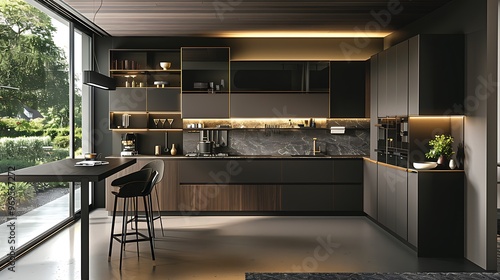 Obraz na płótnie Modern kitchen featuring a range of appliances such as a microwave w salonie