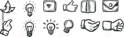 Hand drawn business icons set doodle vector illustration design elements isolated symbols collection like bulb hand gestures arrows communication concept