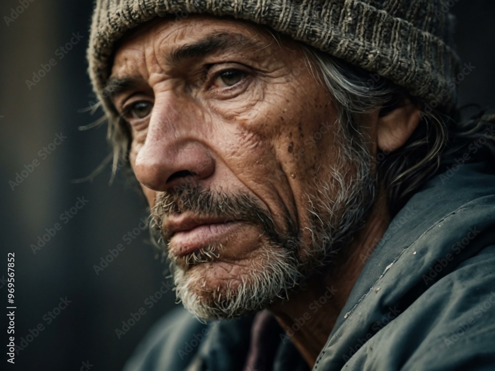 Close-up of a homeless person’s face, showing strength and survival. Close-up of a homeless person’s face, showing strength and survival.