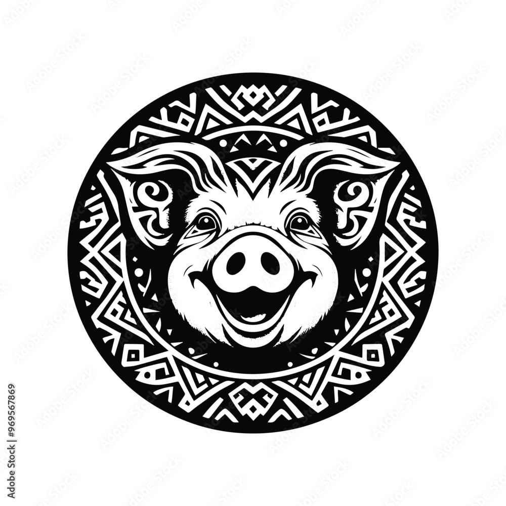 Pig in bohemian black and white silhouette illustration - Pig in bohemian black and white silhouette illustration -