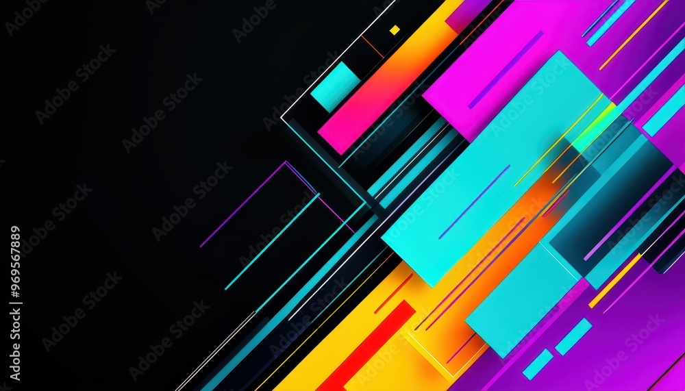 Vibrant abstract design featuring colorful geometric shapes and dynamic lines on a dark background. Vibrant abstract design featuring colorful geometric shapes and dynamic lines on a dark background.