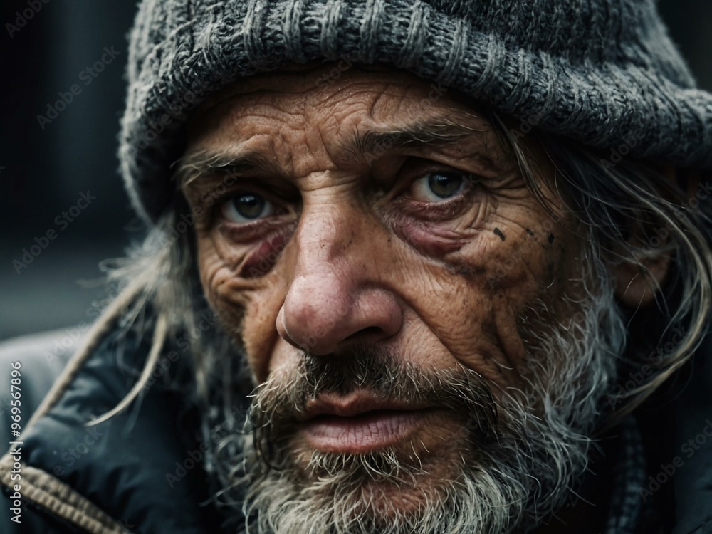 Close-up of a homeless person’s face, showing strength and survival. Close-up of a homeless person’s face, showing strength and survival.