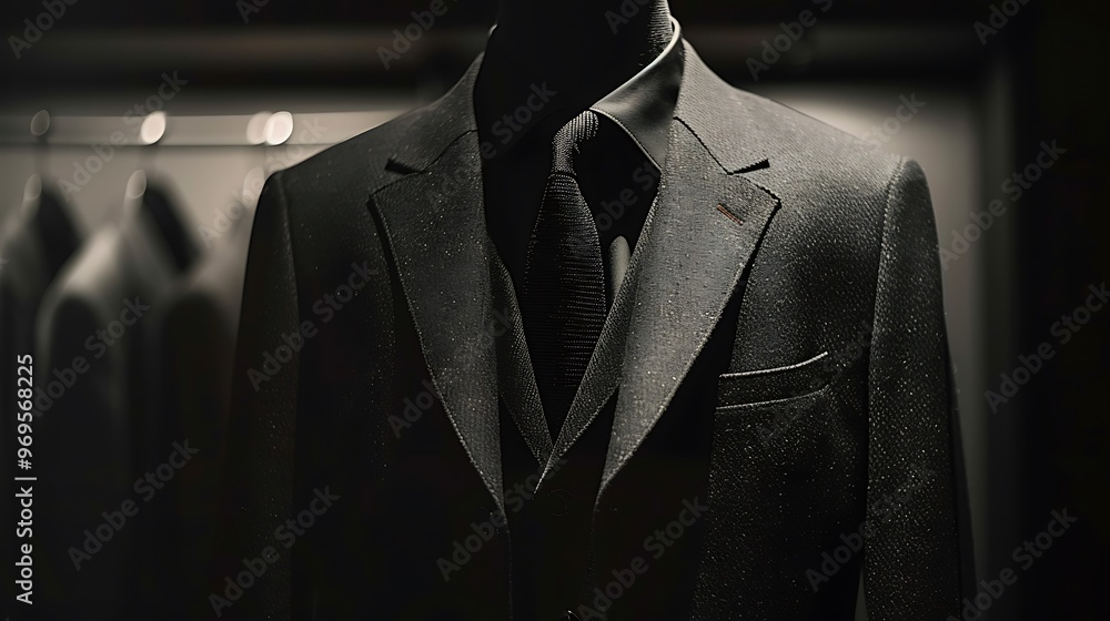 Modern luxury clothing exhibition with a dark opulent suit on a man