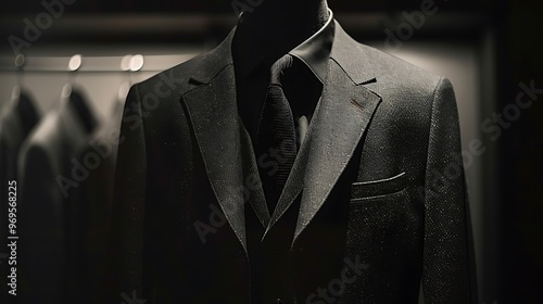 Obraz na płótnie Modern luxury clothing exhibition with a dark opulent suit on a man w salonie