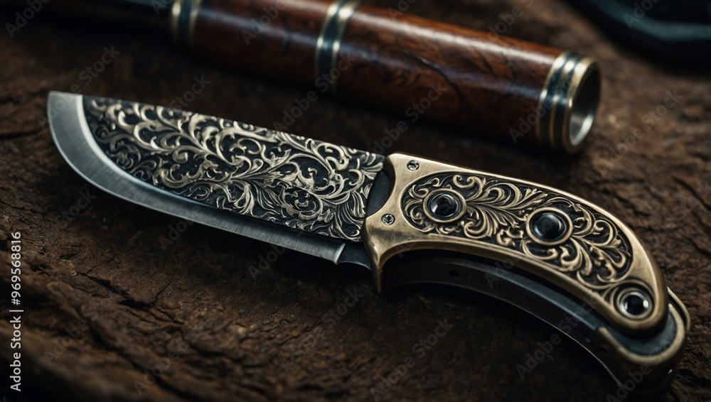 Close-up of pocket knife blade showcasing design features. Close-up of pocket knife blade showcasing design features.