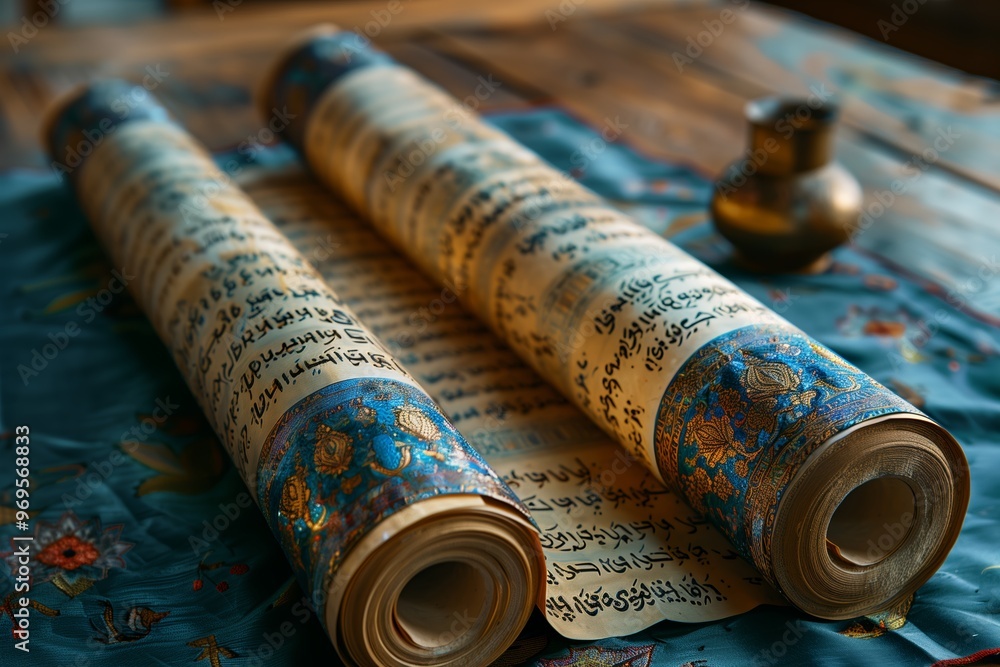 Ancient scrolls with intricate calligraphy displayed on a patterned fabric background in a warm, natural light setting Ancient scrolls with intricate calligraphy displayed on a patterned fabric background in a warm, natural light setting