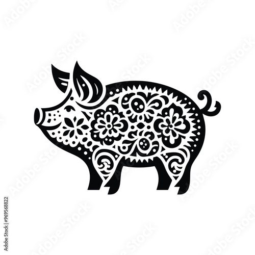 Pig in folk art black and white silhouette illustration -