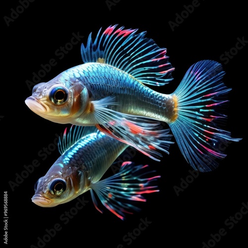 Two vibrant, colorful fish with flowing fins against a black background.