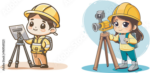 Cute Surveyor Kids Using Surveying Equipment Leveling Instrument Tripod Total Station Engineering Construction Site Cartography Geodesy Land Surveying Profession Occupation Cartoon Character