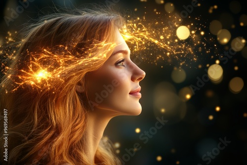 Synaptic neurogenomics synaptic and neurotransmitter woman gazing into glowing neural energy symbolizing thought mindfulness and futuristic technology photo