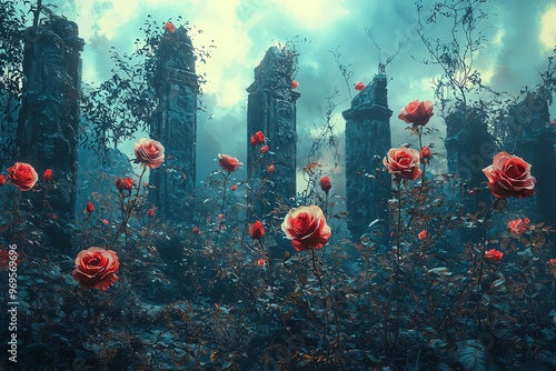 Glowing enchanted roses growing on ancient ruins, fantasy atmosphere, Watercolor style photo