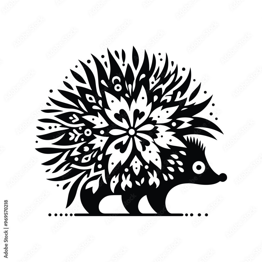 porcupine in folk art black and white silhouette illustration - porcupine in folk art black and white silhouette illustration -