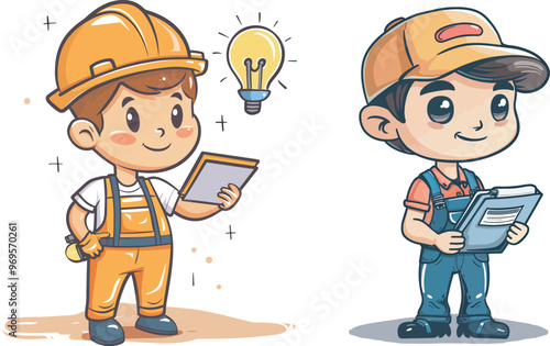 Construction worker and delivery man cartoon characters with clipboard and idea lightbulb professional occupations service industry jobs