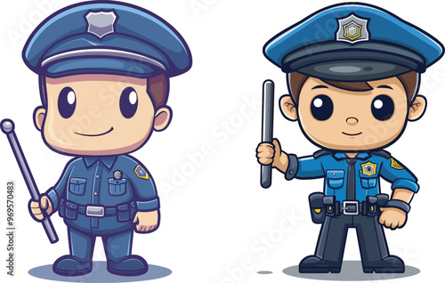 Cute Chibi Style Police Officers Law Enforcement Illustration Cartoon Characters Security Badge Uniform Lawful Protection Officer Patrolman Cop Enforcer Justice