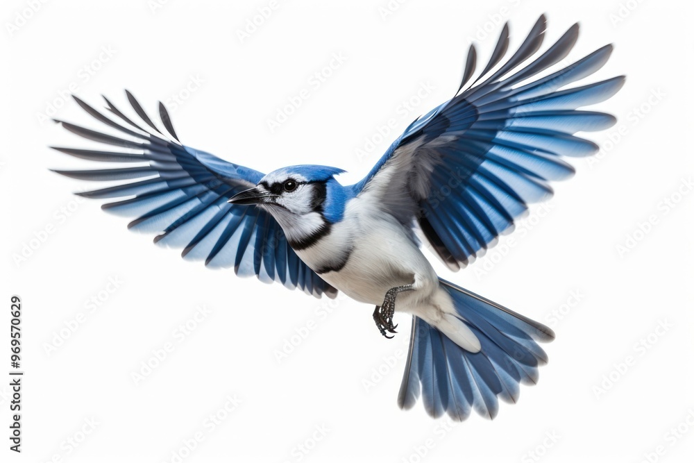 Fototapeta premium Blue jay bird animal flying white background.