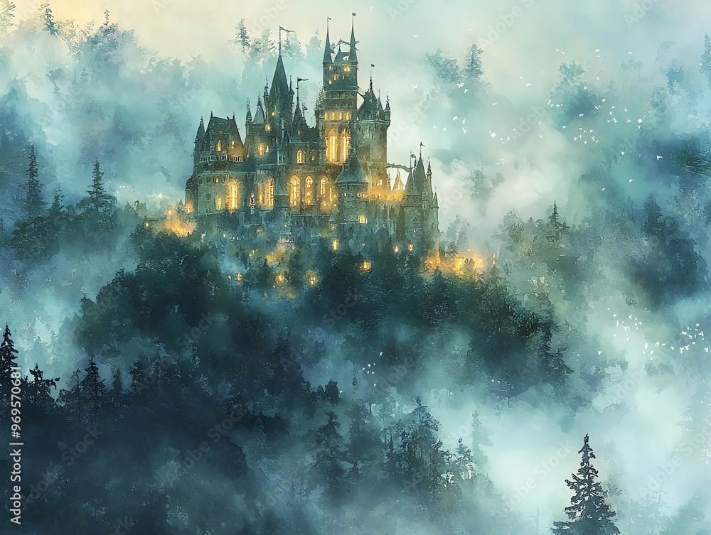 Glowing enchanted castle surrounded by a misty forest, Watercolor style Glowing enchanted castle surrounded by a misty forest, Watercolor style