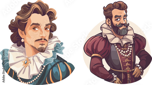 Two Handsome Renaissance Men Fashion History Portraits Clothing Jewelry Elegant Male Figures Historical Illustration Art Brown Hair Mustache Style Retro Vintage Culture European Character Design