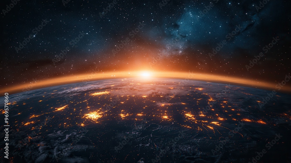 A breathtaking view of Earth from space, showcasing a stunning sunrise over the horizon, with glowing city lights below. A breathtaking view of Earth from space, showcasing a stunning sunrise over the horizon, with glowing city lights below.