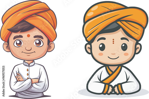 Cute Indian Boy Traditional Dress Dhoti Kurta Turban Cartoon Illustration Spirituality Hinduism India Culture Religion Faith Spirituality Temple Prayers Rituals Festive Celebrations Graphic Design