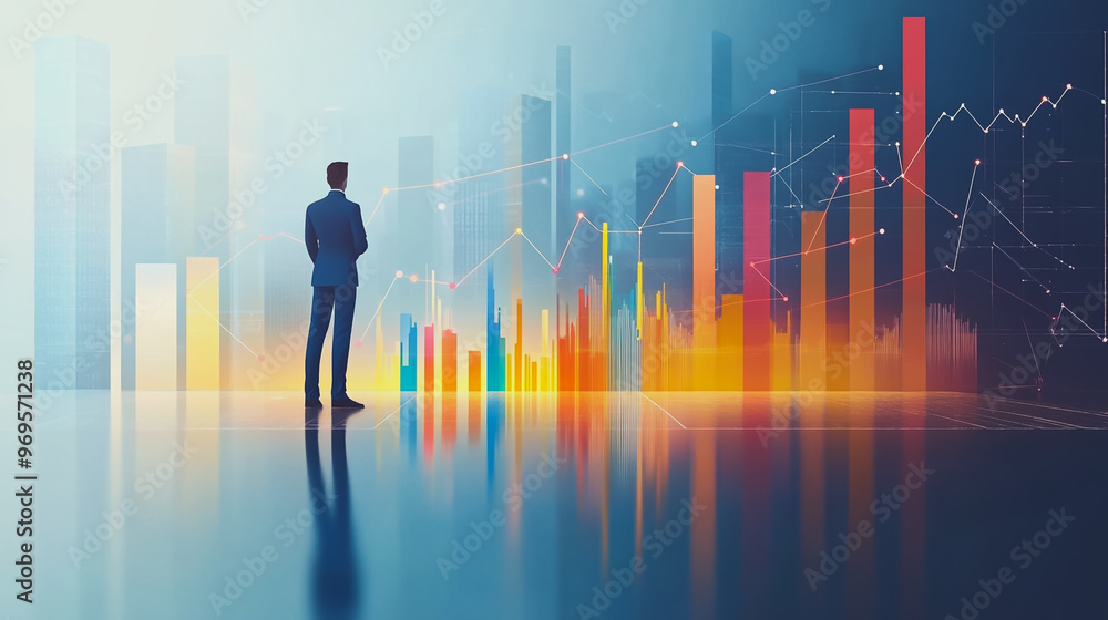 Abstract business man stands on the peak of success amid tall, innovative Smart city and graphs with statistics to analyze business potential and predict future developments in company growth.
Abstract business man stands on the peak of success amid tall, innovative Smart city and graphs with statistics to analyze business potential and predict future developments in company growth.