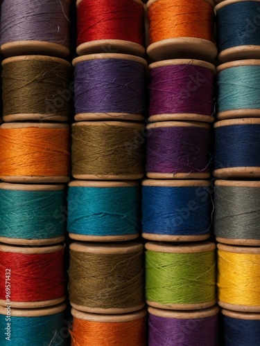 Colorful yarn spools on a wooden table.