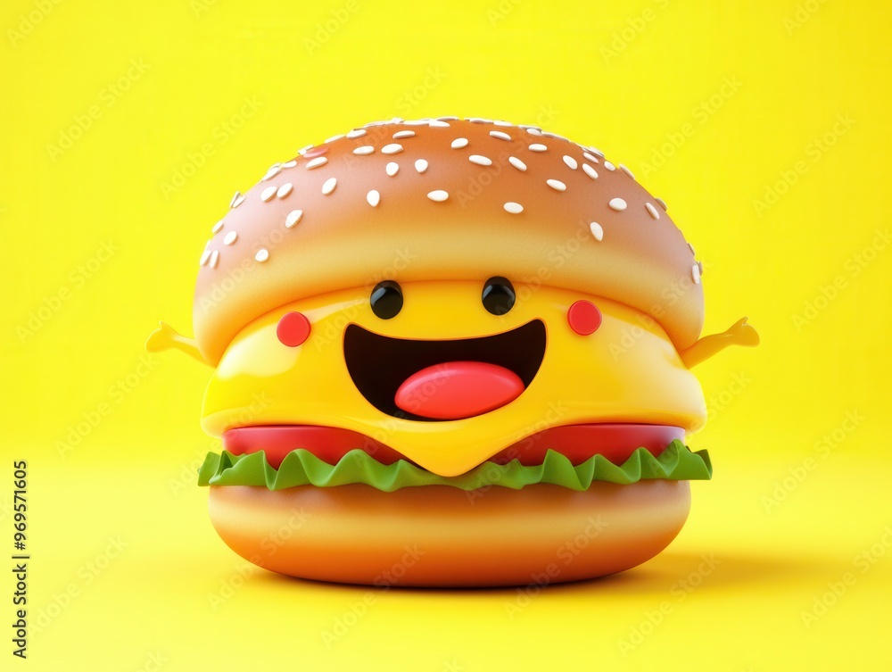 A cheerful cartoon hamburger with a smiling face, set against a vibrant yellow background, perfect for food-themed designs. A cheerful cartoon hamburger with a smiling face, set against a vibrant yellow background, perfect for food-themed designs.