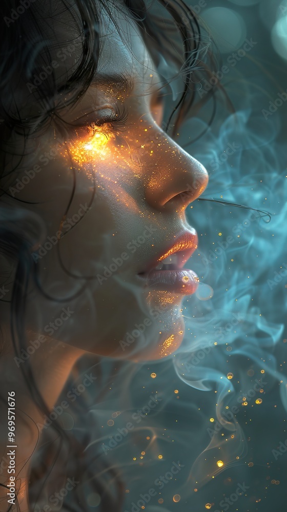 Mystical Portrait: Woman with Glowing Eyes and Smoke Mystical Portrait: Woman with Glowing Eyes and Smoke