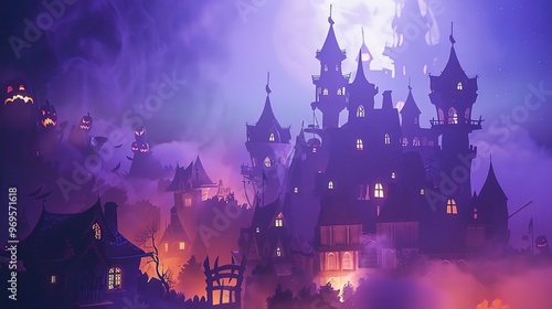 A spooky Halloween castle stands majestically in the background. The castle has tall, dark towers that reach towards the sky