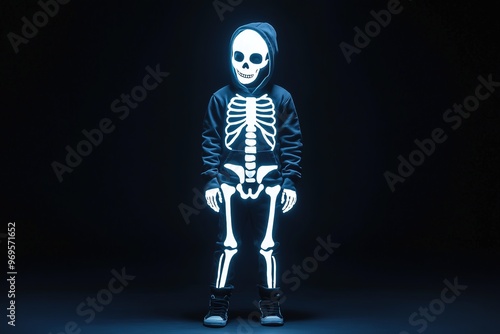 Minimalist Halloween Banner with Skeleton Boy in a Glow-in-the-Dark Costume Against Dark Background