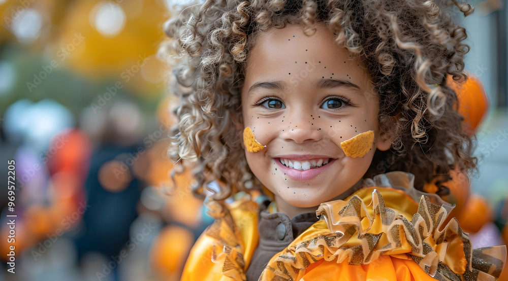 Smiling Child with Curly Hair and Pumpkin Face Paint - Photo Smiling Child with Curly Hair and Pumpkin Face Paint - Photo