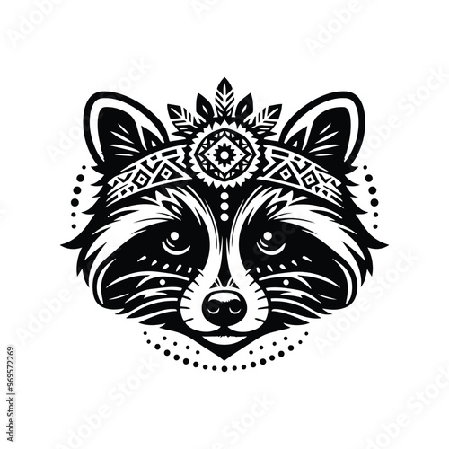 Raccoon in bohemian black and white silhouette illustration -