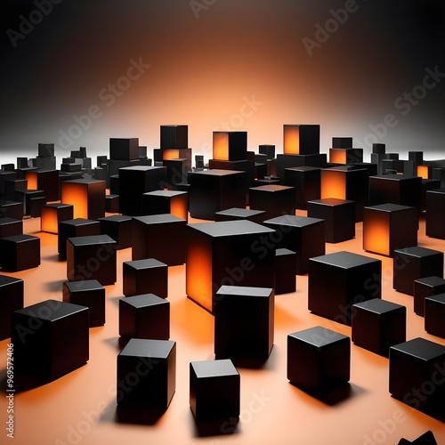 Artistic image of 3D black cubes with selective orange lighting that gives a sense of mystery and innovation
